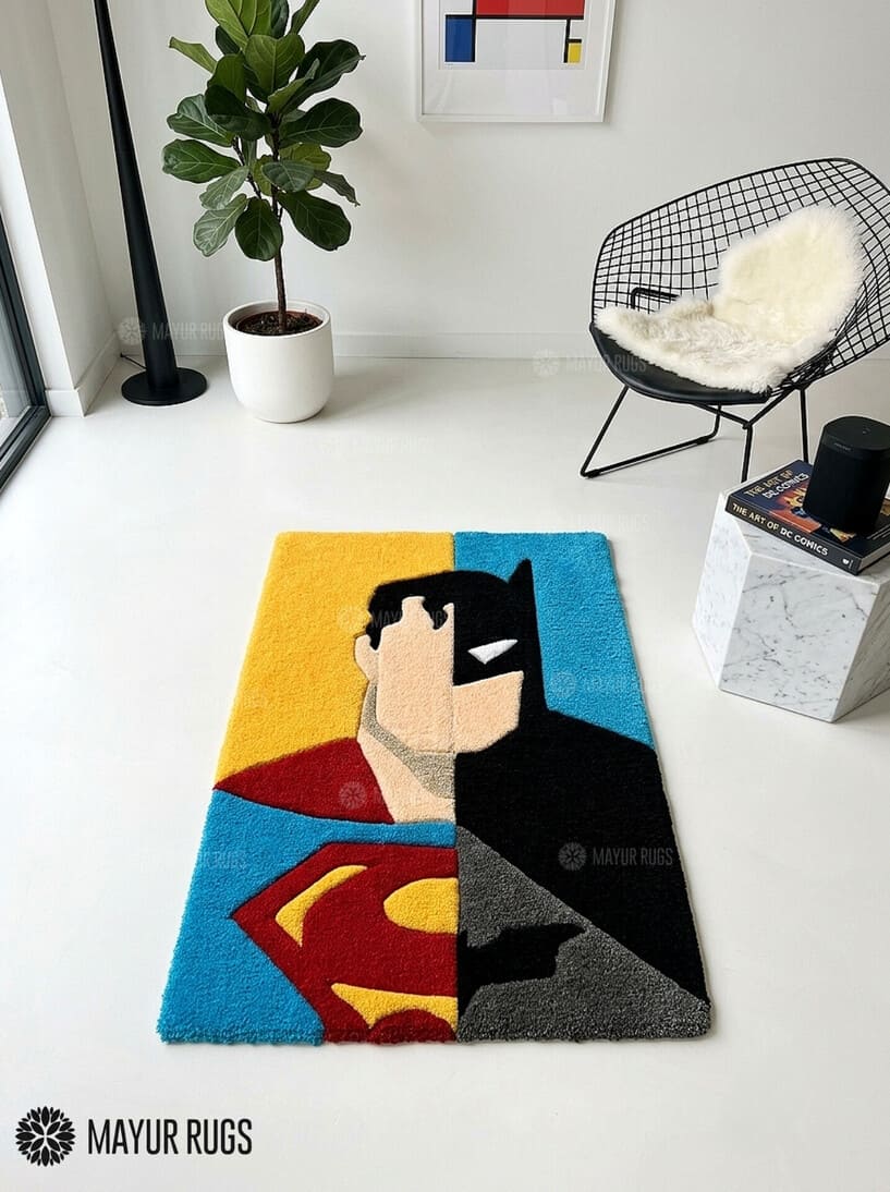 Superman x Batman fan art hand-tufted custom wool rug featuring bold DC superhero-inspired red, blue, and black artwork for comic and gaming room décor by Mayur Rugs.
