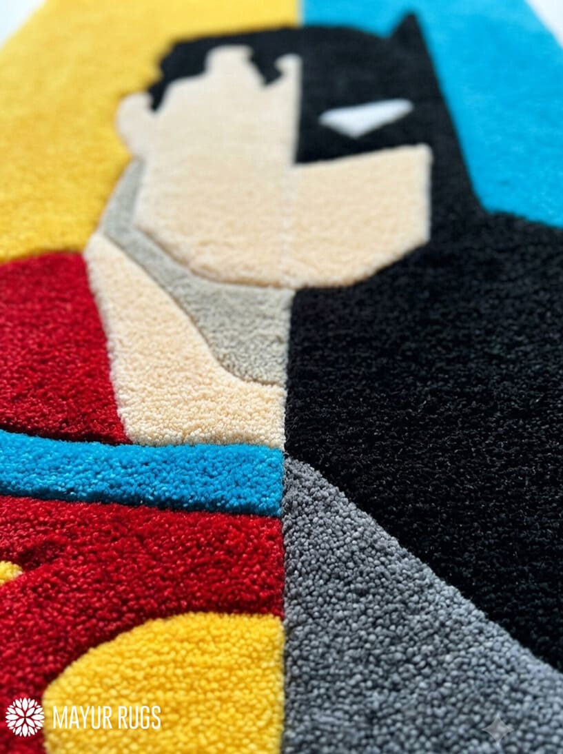 Superman x Batman fan art hand-tufted custom wool rug featuring bold DC superhero-inspired red, blue, and black artwork for comic and gaming room décor by Mayur Rugs.