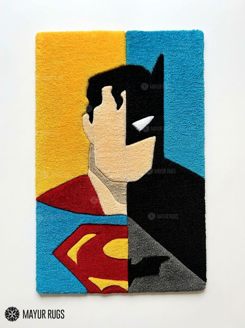 Superman x Batman fan art hand-tufted custom wool rug featuring bold DC superhero-inspired red, blue, and black artwork for comic and gaming room décor by Mayur Rugs.
