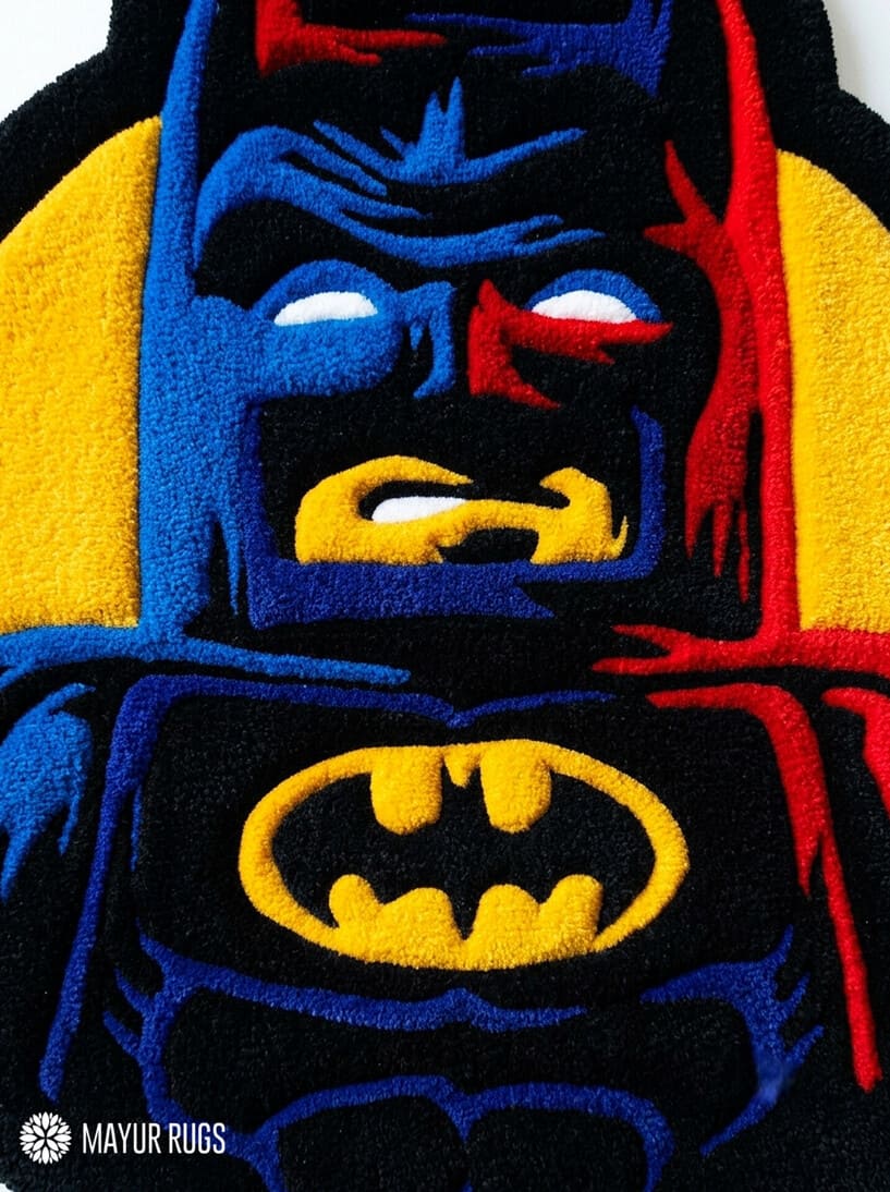 LEGO Batman inspired 3D hand-tufted custom wool rug featuring a black, blue, red, and yellow superhero character design with pointed bat ears, cape details, and a raised bat emblem by Mayur Rugs.