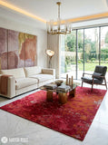 Crimson bloom abstract wool and silk hand-tufted area rug featuring layered cherry red, crimson, burgundy, wine, brown, blush, and beige floral-inspired organic patterns by Mayur Rugs.