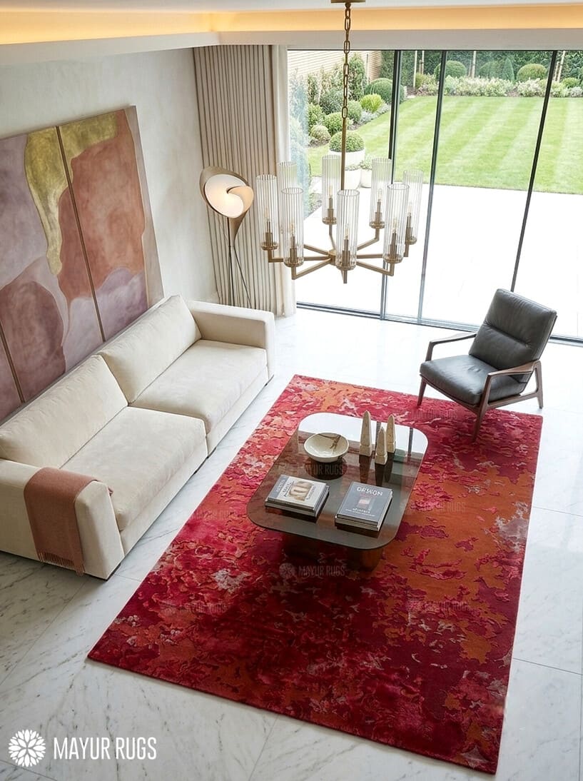 Crimson bloom abstract wool and silk hand-tufted area rug featuring layered cherry red, crimson, burgundy, wine, brown, blush, and beige floral-inspired organic patterns by Mayur Rugs.