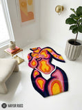 Thermal body art hand-tufted custom wool rug featuring psychedelic layered pink, orange, yellow, magenta, navy, and white contour artwork with a 3D sculptural design by Mayur Rugs.