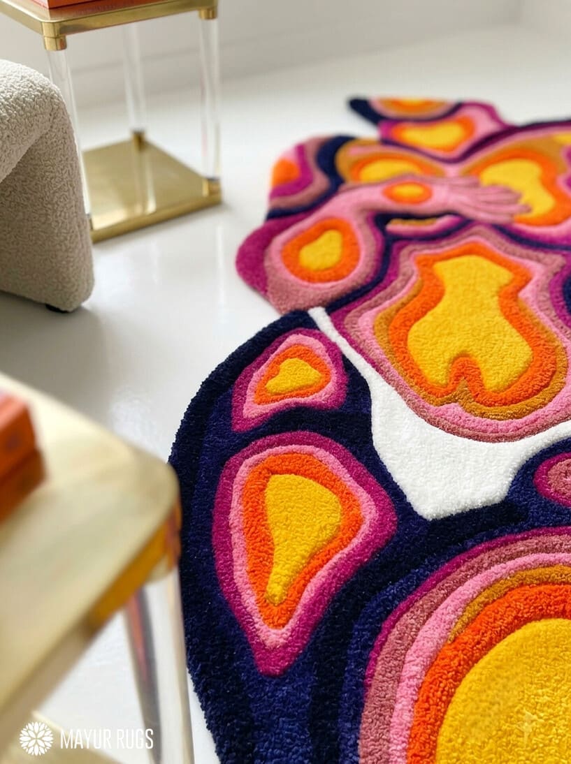 Thermal body art hand-tufted custom wool rug featuring psychedelic layered pink, orange, yellow, magenta, navy, and white contour artwork with a 3D sculptural design by Mayur Rugs.