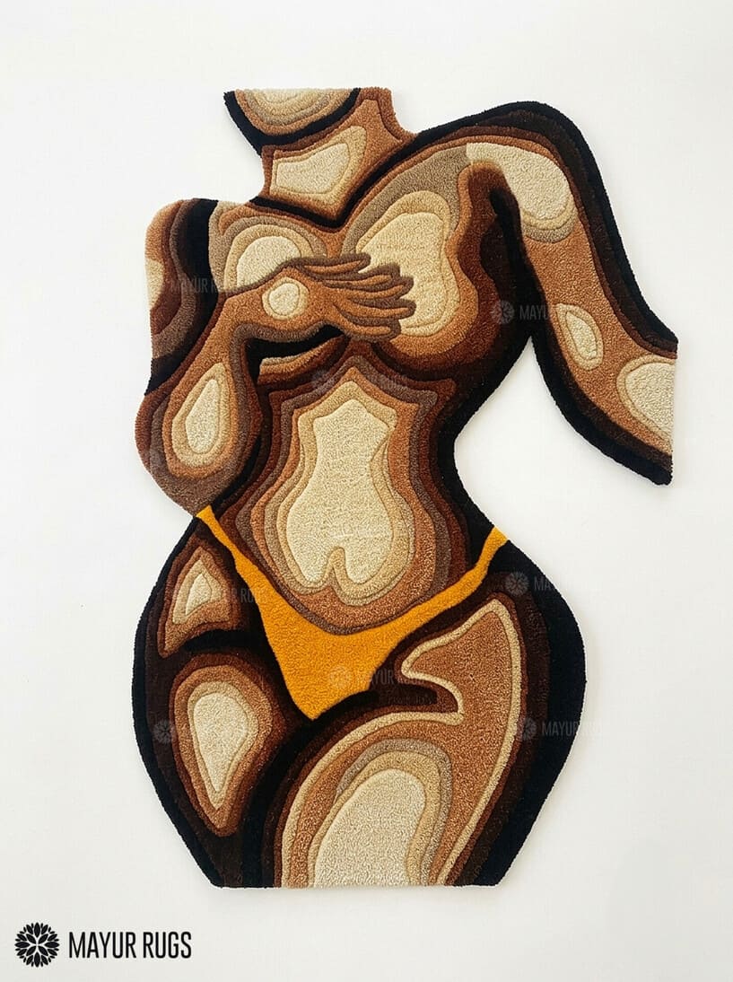 A stylized abstract rug shaped like a female torso, featuring layered organic shapes in black, brown, tan, cream, and mustard yellow on a white background. The Mayur Rugs logo is visible in the bottom-left corner.