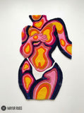 Thermal body art hand-tufted custom wool rug featuring psychedelic layered pink, orange, yellow, magenta, navy, and white contour artwork with a 3D sculptural design by Mayur Rugs.