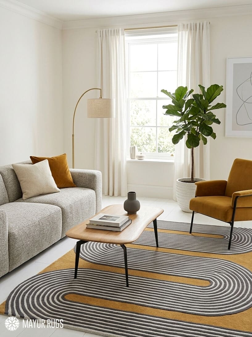 Mustard wave line geometric hand-tufted wool area rug featuring continuous charcoal grey and ivory curved lines over a warm mustard-yellow background in an abstract maze-inspired pattern by Mayur Rugs.