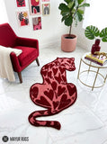Pink heart leopard hand-tufted custom wool rug featuring a stylized leopard silhouette with layered pink and burgundy heart patterns, detailed face, curled tail, and 3D sculpted artwork by Mayur Rugs.