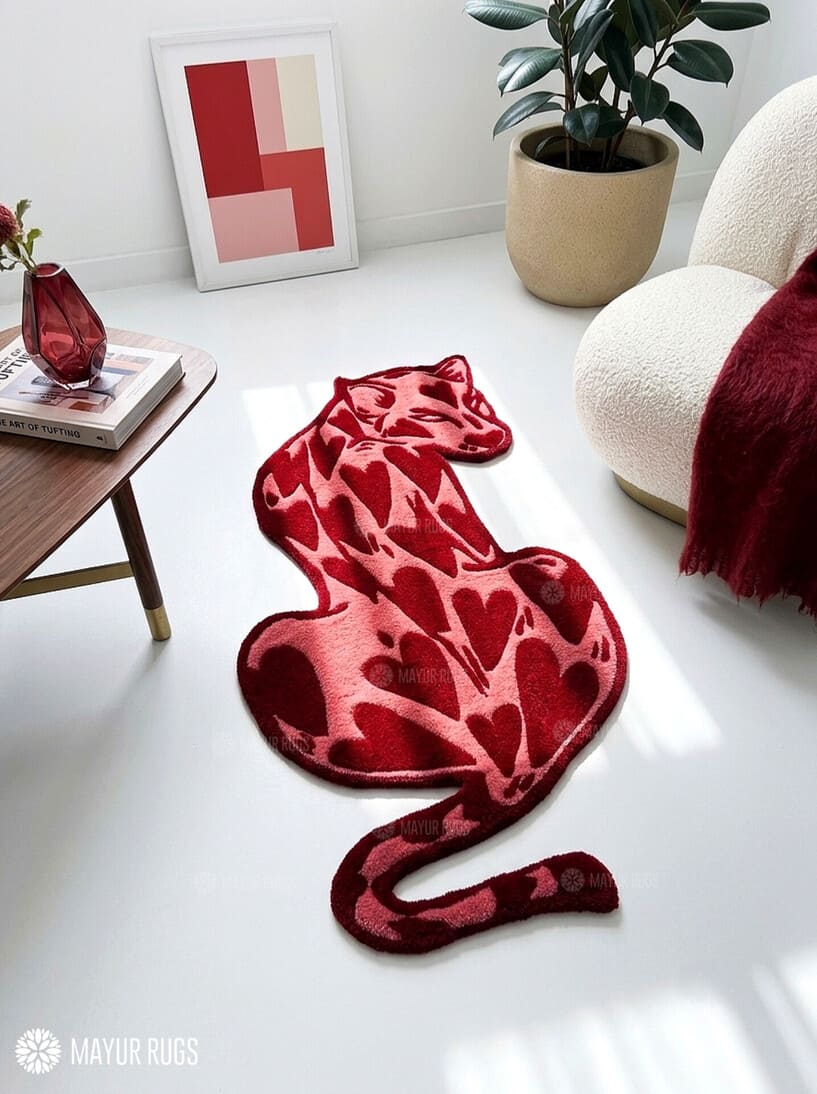 Pink heart leopard hand-tufted custom wool rug featuring a stylized leopard silhouette with layered pink and burgundy heart patterns, detailed face, curled tail, and 3D sculpted artwork by Mayur Rugs.