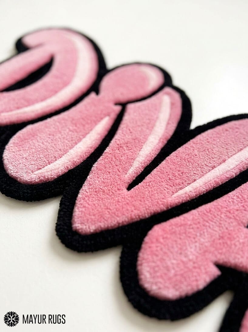 DIVA pink Y2K hand-tufted custom wool rug featuring oversized bubble-style pink lettering with lighter highlights and a bold black outline by Mayur Rugs.
