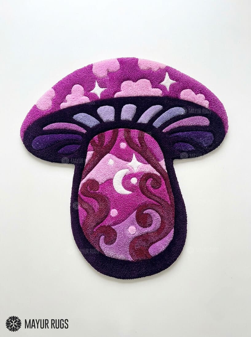 Pink and purple hand-tufted mushroom rug featuring clouds, stars, a crescent moon, and swirling fantasy patterns by Mayur Rugs.