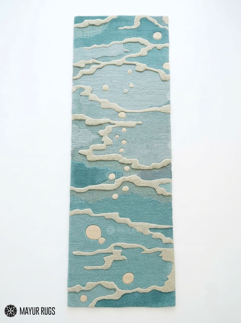 Coastal Tide abstract hand-tufted wool runner rug featuring a muted blue and teal base with raised ivory flowing wave patterns and scattered circular accents for modern coastal interiors by Mayur Rugs.