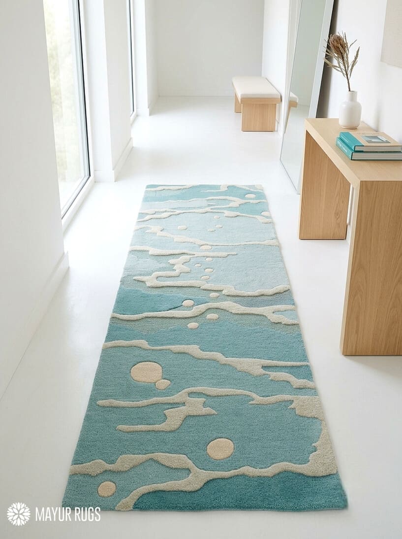 Coastal Tide abstract hand-tufted wool runner rug featuring a muted blue and teal base with raised ivory flowing wave patterns and scattered circular accents for modern coastal interiors by Mayur Rugs.