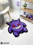 Gengar inspired Pokémon hand-tufted custom wool rug featuring a purple ghost character with red eyes, oversized white teeth, a mischievous grin, and bold black outlines by Mayur Rugs.
