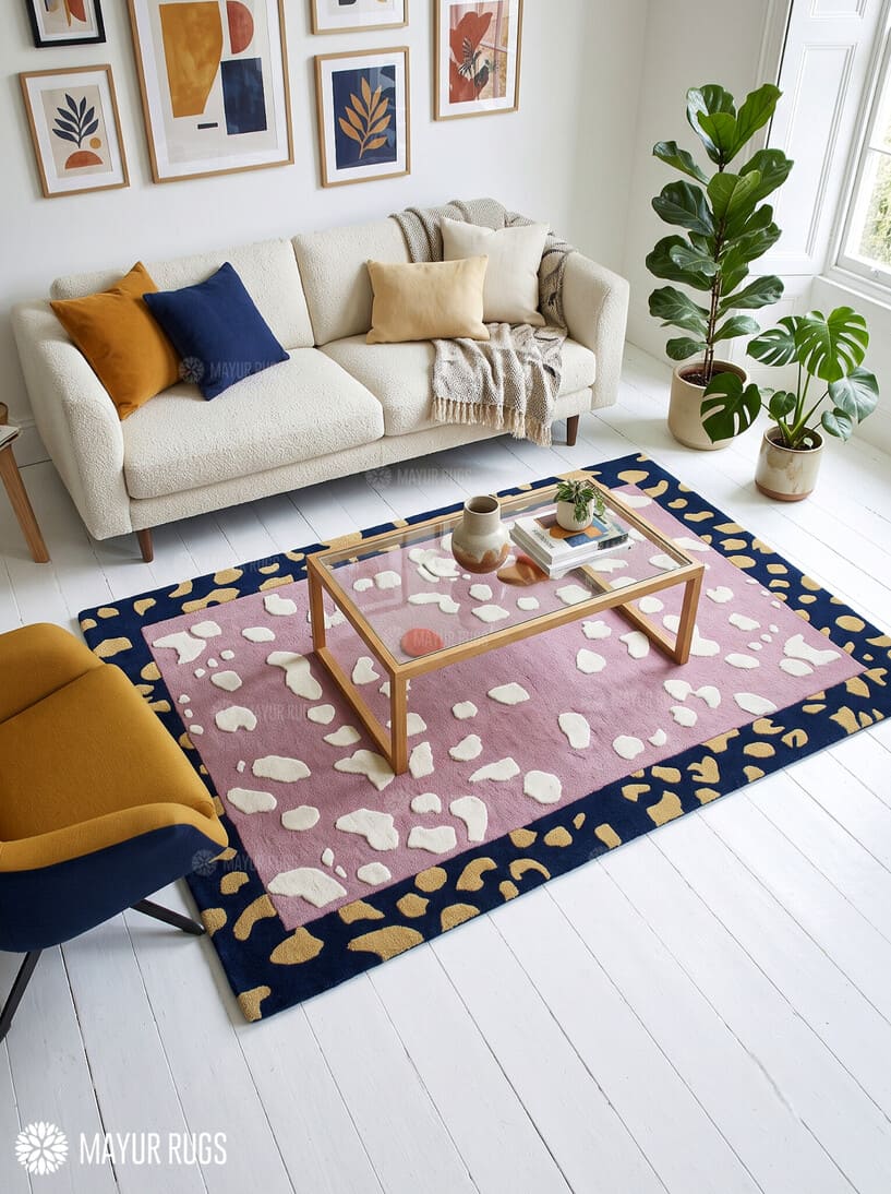Blush Pebble abstract hand-tufted wool area rug featuring a dusty pink center, raised ivory pebble shapes, a navy blue border with mustard-gold motifs, and a terracotta-red accent by Mayur Rugs.