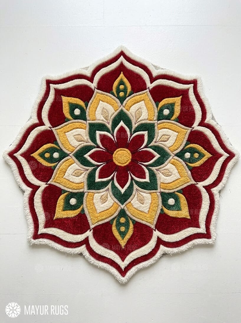 Festive rangoli-inspired hand-tufted floral mandala rug in maroon, mustard yellow, green and ivory with a scalloped flower shape by Mayur Rugs.