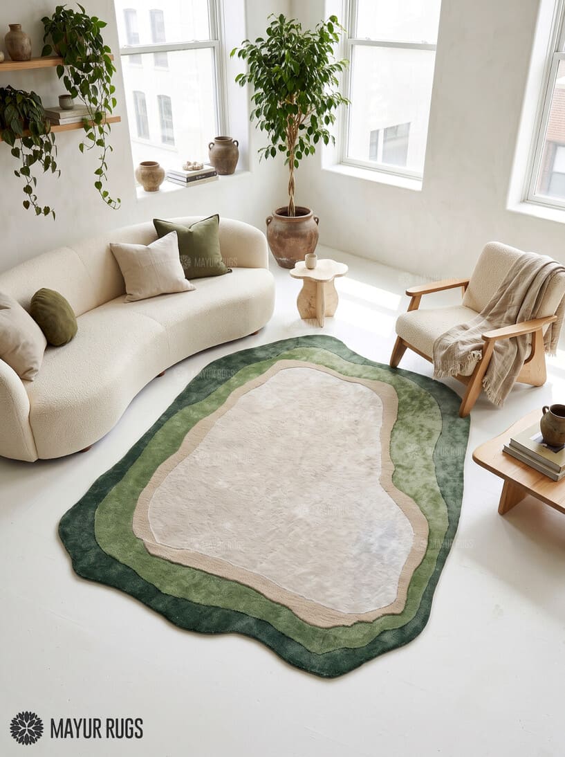Forest green silk and wool hand-tufted rug with an irregular organic shape, layered sage and olive green borders, a warm beige outline, and a soft ivory center by Mayur Rugs.
