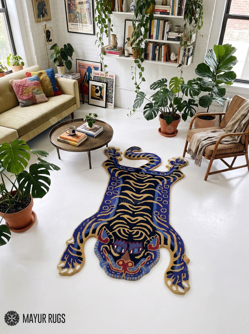 Tibetan tiger-inspired hand-tufted custom rug in blue, black, and golden beige featuring a full-body tiger design, curved tail, extended paws, and detailed tiger face by Mayur Rugs.