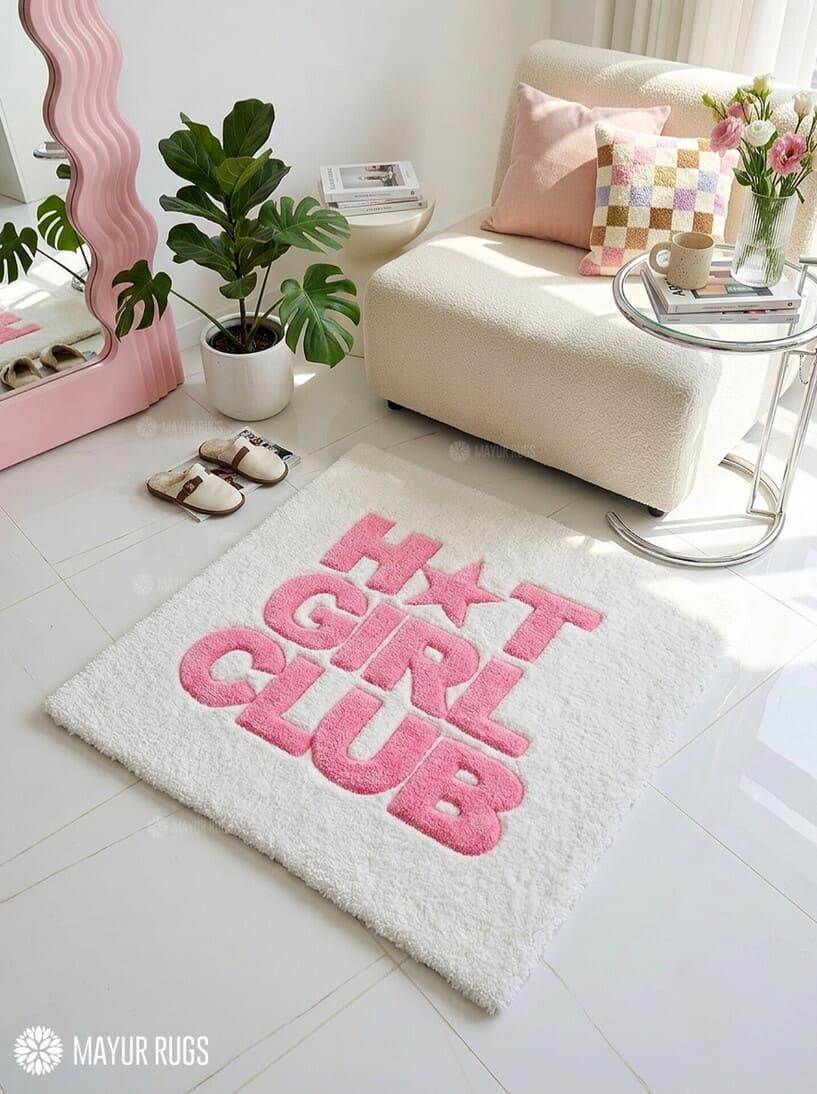 Square hand-tufted rug with bold pink “HOT GIRL CLUB” lettering and a star accent on an ivory-white background by Mayur Rugs.