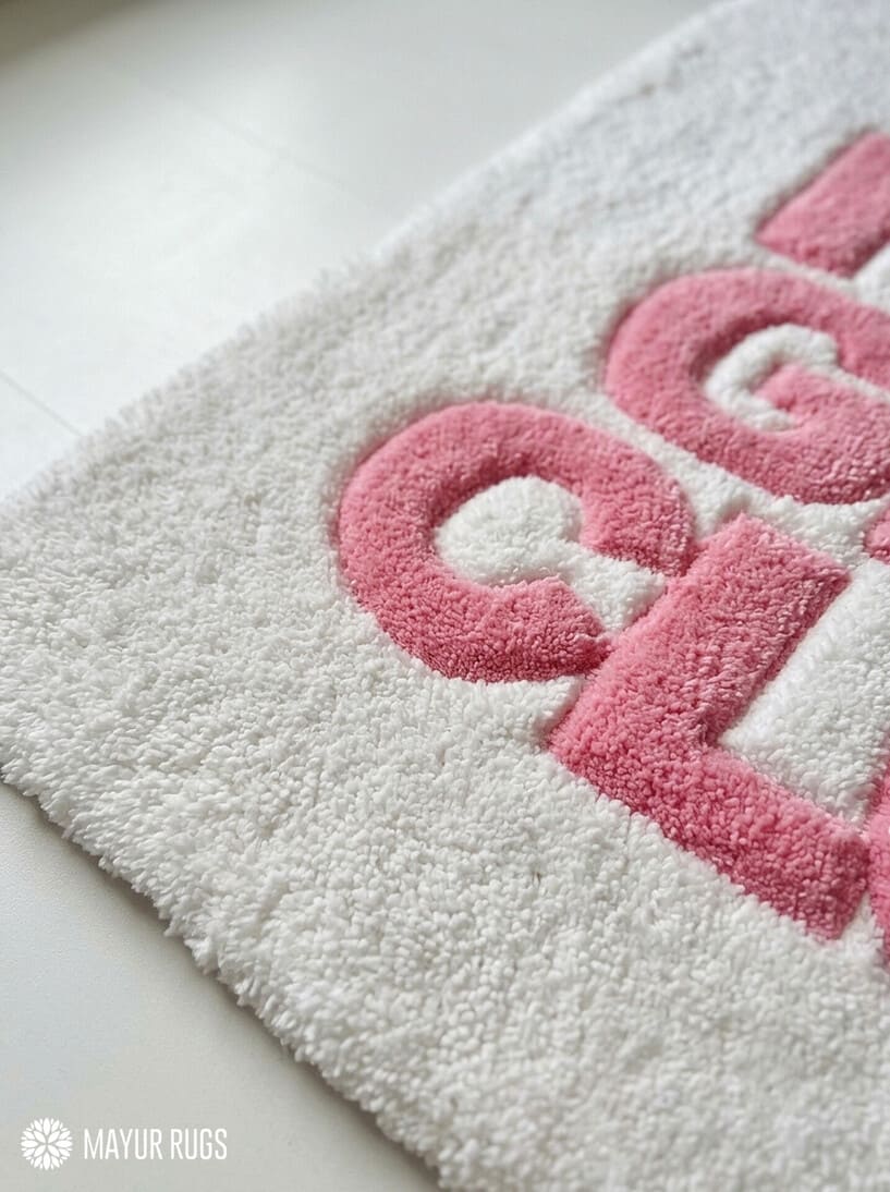 Square hand-tufted rug with bold pink “HOT GIRL CLUB” lettering and a star accent on an ivory-white background by Mayur Rugs.