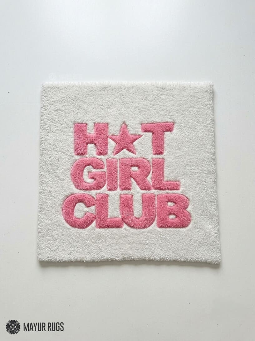 Square hand-tufted rug with bold pink “HOT GIRL CLUB” lettering and a star accent on an ivory-white background by Mayur Rugs.
