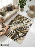 Rectangular Sandstorm Camo abstract rug in olive green, beige, charcoal grey, and ivory with a flowing camouflage-inspired pattern by Mayur Rugs.