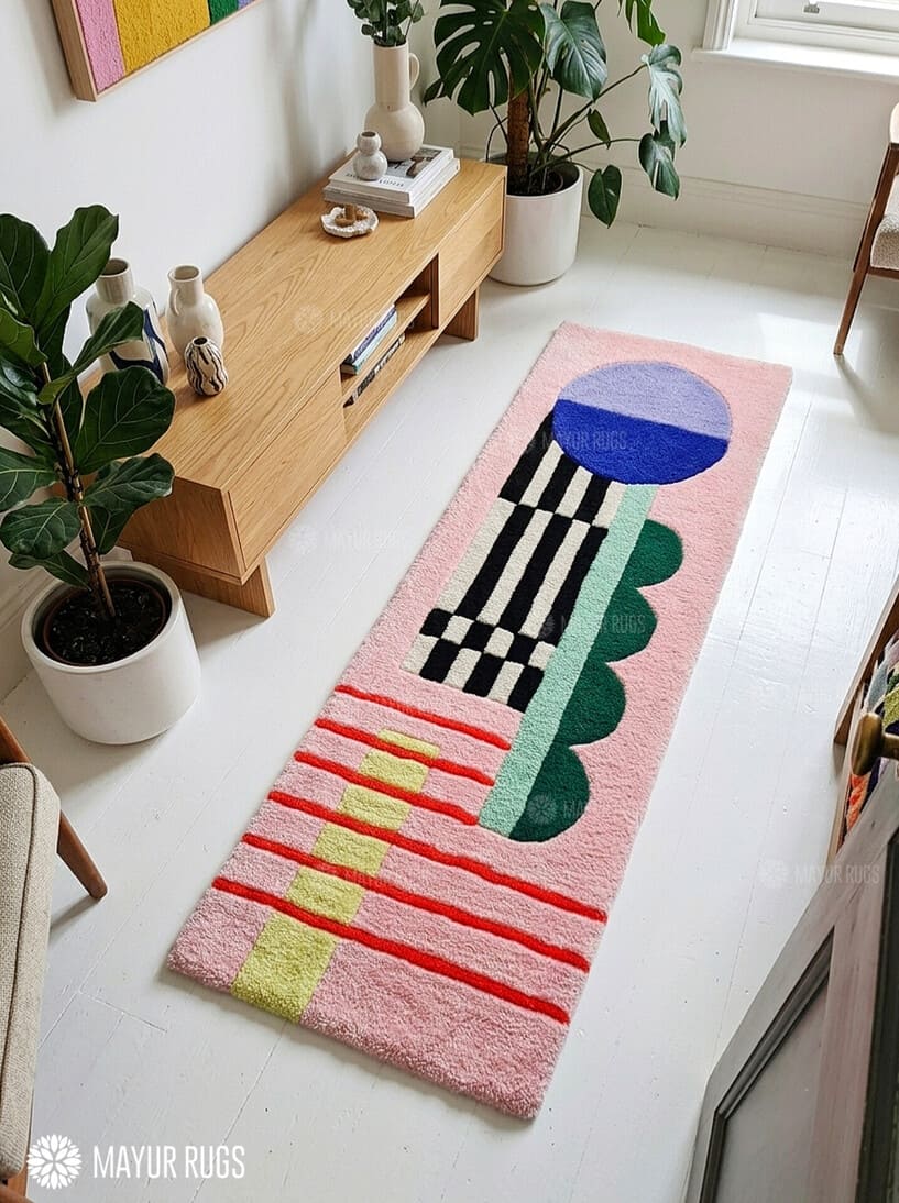 Pink abstract hand-tufted runner rug featuring a blue and lavender circle, black-and-ivory stripes, green shapes, red lines, and yellow accents by Mayur Rugs.