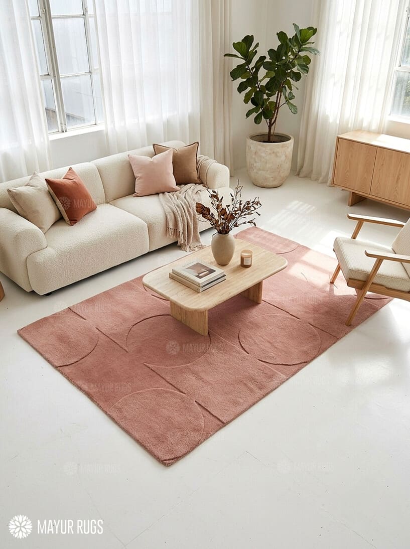 Rectangular blush rose pink area rug featuring a repeating circular geometric pattern and subtle horizontal lines on a light background by Mayur Rugs.