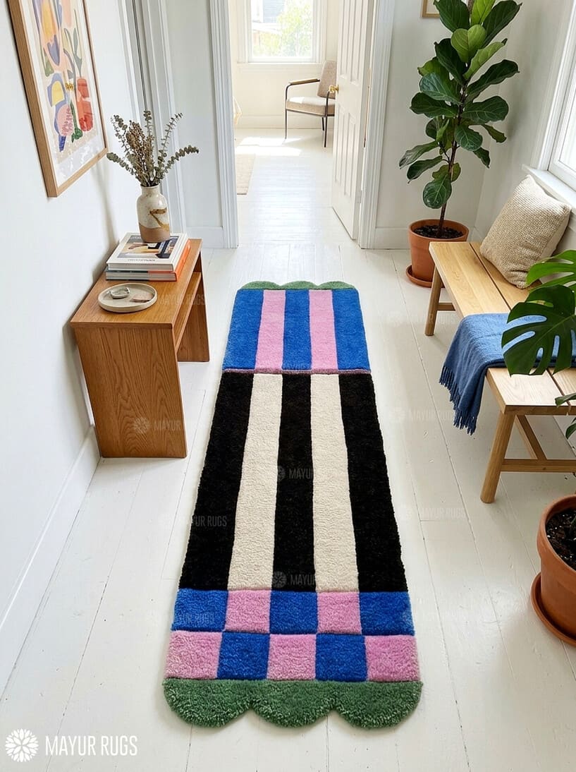 Long hand-tufted runner rug featuring cobalt blue and pink color blocks, black and ivory vertical stripes, checkerboard details, and green scalloped ends by Mayur Rugs.