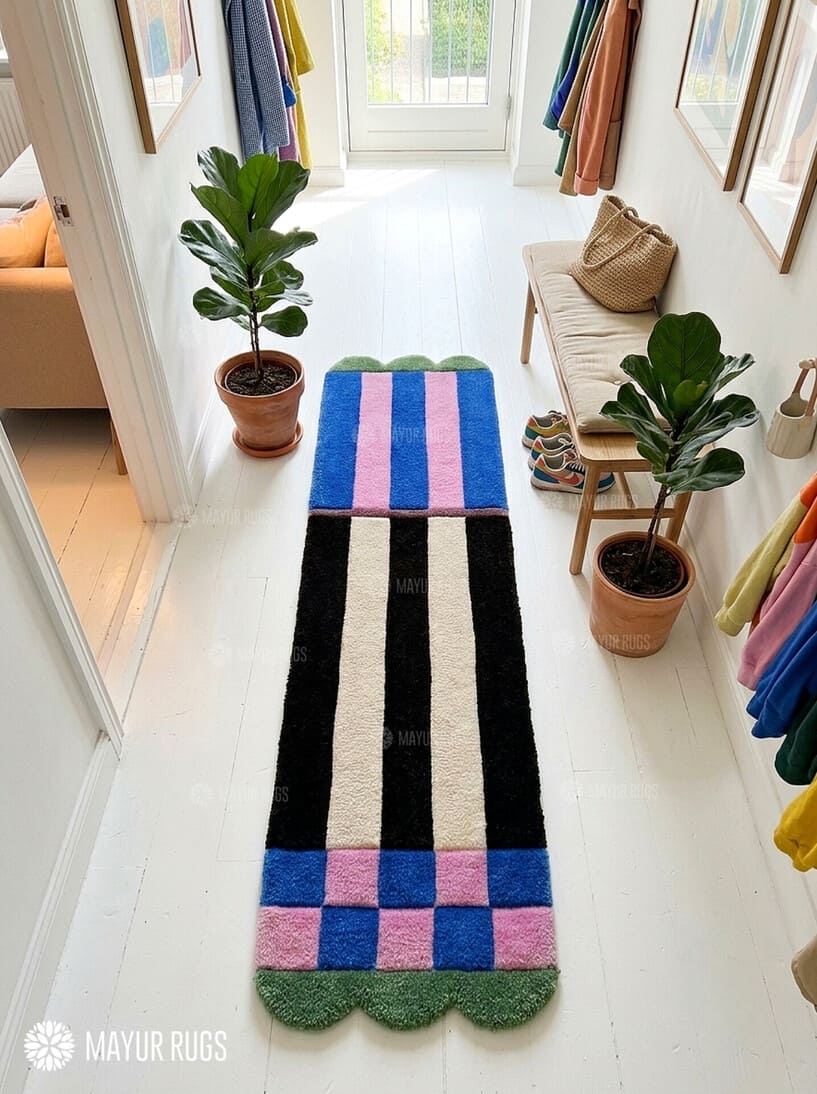 Long hand-tufted runner rug featuring cobalt blue and pink color blocks, black and ivory vertical stripes, checkerboard details, and green scalloped ends by Mayur Rugs.