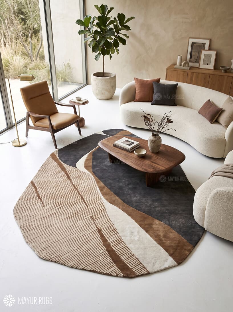 Modern abstract rug with an irregular organic shape, charcoal grey sections, taupe and brown curves, ivory bands, and fine linear detailing by Mayur Rugs.