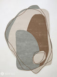 Irregular modern abstract rug featuring sage grey, taupe, ivory, and brown organic shapes with delicate looping contour lines by Mayur Rugs.
