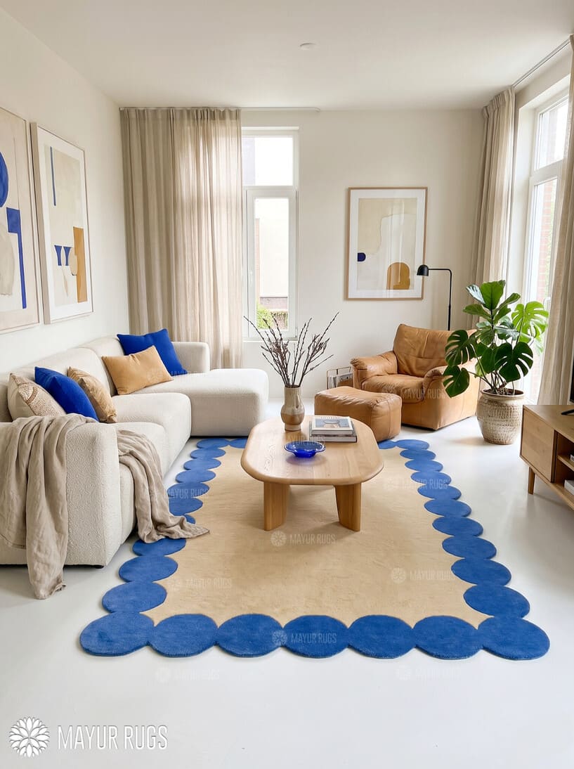 Rectangular beige hand-tufted area rug made with premium New Zealand wool and silk, featuring a bold royal blue border of repeated rounded scalloped shapes by Mayur Rugs.
