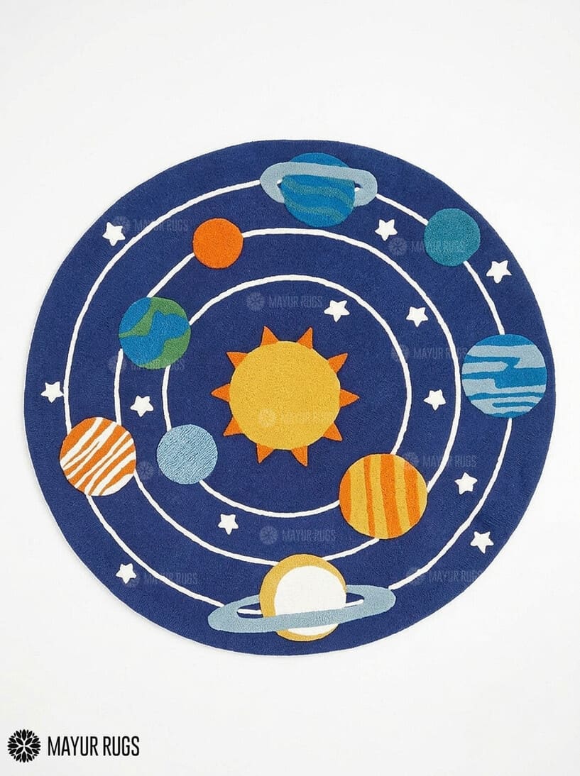 Kids solar system hand-tufted wool area rug featuring a colorful sun, planets, orbital rings, and stars on a deep blue space-themed background by Mayur Rugs.