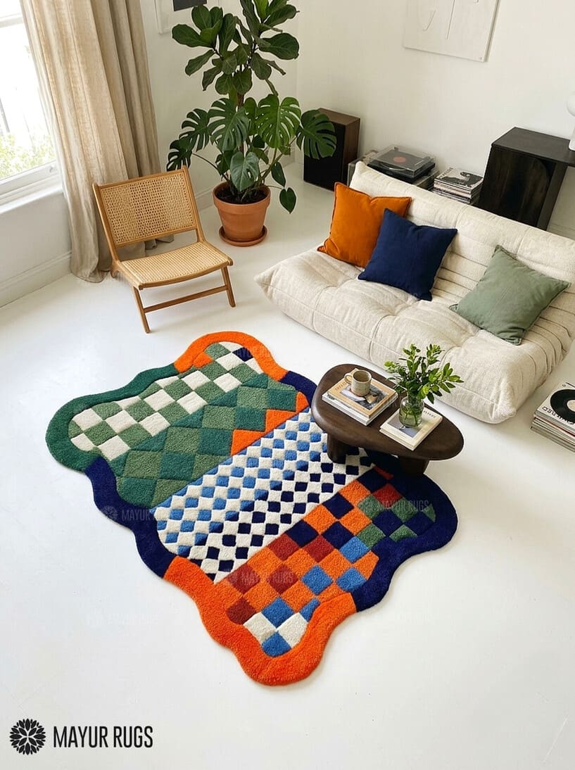 Multicolor hand-tufted abstract area rug featuring geometric checkerboard, diamond, and colorblock patterns in green, blue, orange, rust red, and ivory with wavy edges by Mayur Rugs.