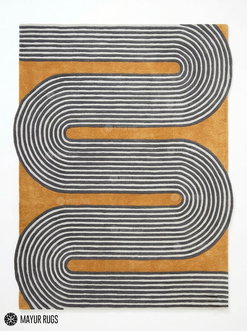 Mustard wave line geometric hand-tufted wool area rug featuring continuous charcoal grey and ivory curved lines over a warm mustard-yellow background in an abstract maze-inspired pattern by Mayur Rugs.