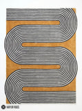Mustard wave line geometric hand-tufted wool area rug featuring continuous charcoal grey and ivory curved lines over a warm mustard-yellow background in an abstract maze-inspired pattern by Mayur Rugs.
