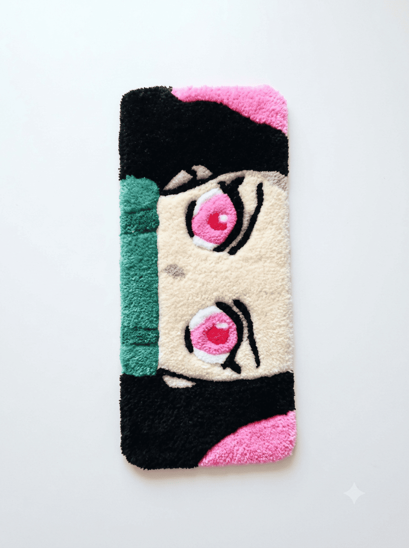 Nezuko inspired Demon Slayer hand-tufted keyboard rug featuring pink eyes, dark hair, pink accents, and green bamboo-inspired detailing for anime gaming and desk décor by Mayur Rugs.
