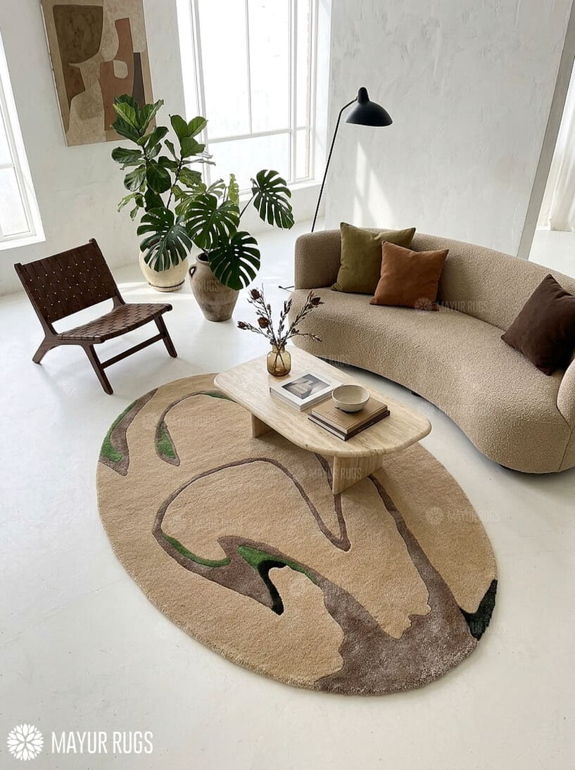 Oval abstract rug with a sand-beige background and flowing taupe, brown, olive green, and black organic shapes by Mayur Rugs.