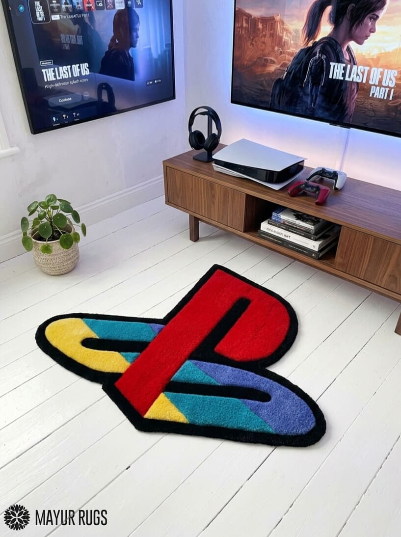 A PlayStation logo-shaped area rug in multicolor plush texture with a black border, shown on a white wood floor in a modern living room setting.