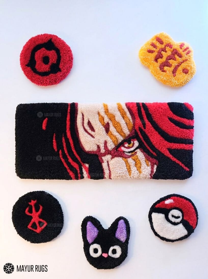 Red-Haired Shanks One Piece hand-tufted keyboard rug featuring Shanks character artwork in red, black, and cream for gaming desk and anime room décor by Mayur Rugs.