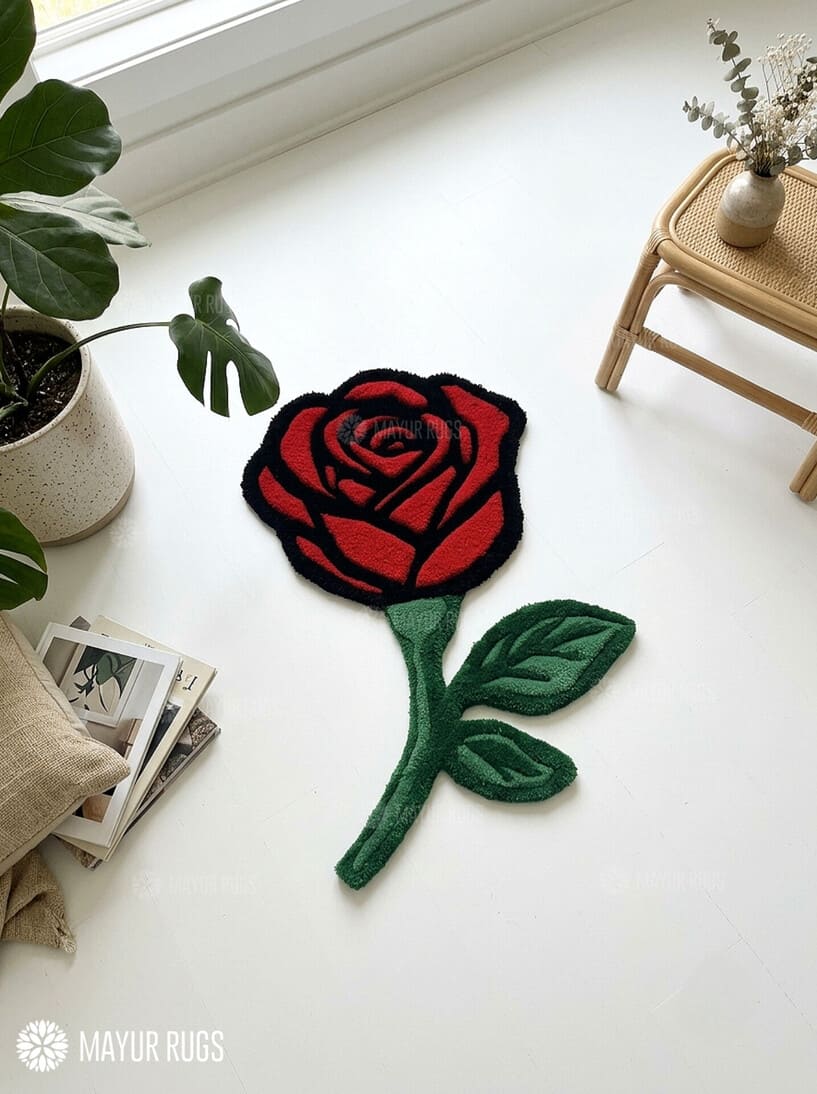 Red rose-shaped hand-tufted rug with crimson petals outlined in black, a deep green stem, and two green leaves by Mayur Rugs.