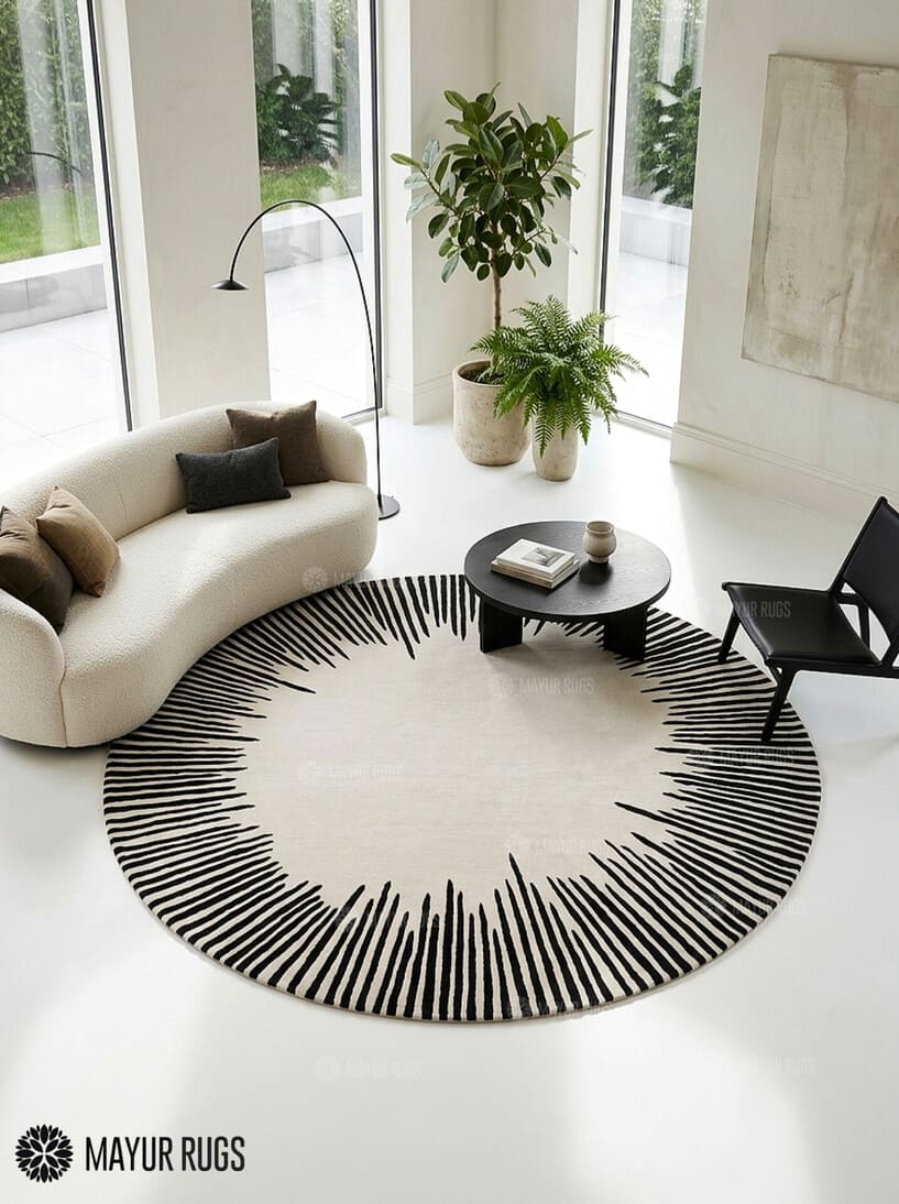 Round ivory area rug with radiating black sunburst lines in varied lengths, creating a bold minimalist monochrome design by Mayur Rugs.