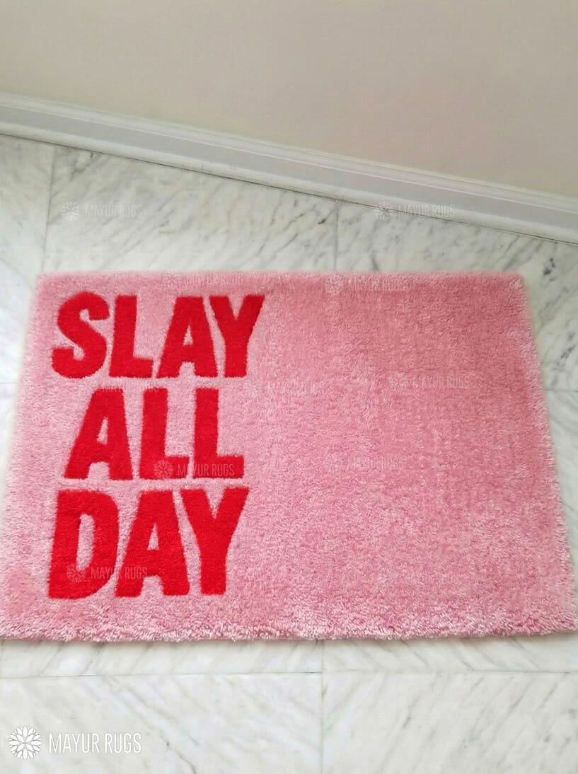 Slay All Day typography handmade wool rug with bold motivational text and modern statement design, premium custom area rug by Mayur Rugs