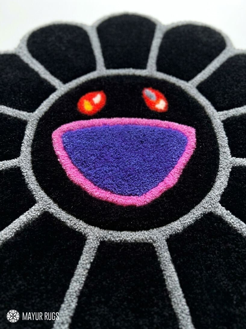 Takashi Murakami flower inspired hand-tufted custom rug handmade in India by Mayur Rugs featuring a smiling flower design crafted from premium New Zealand wool with a dense plush pile.