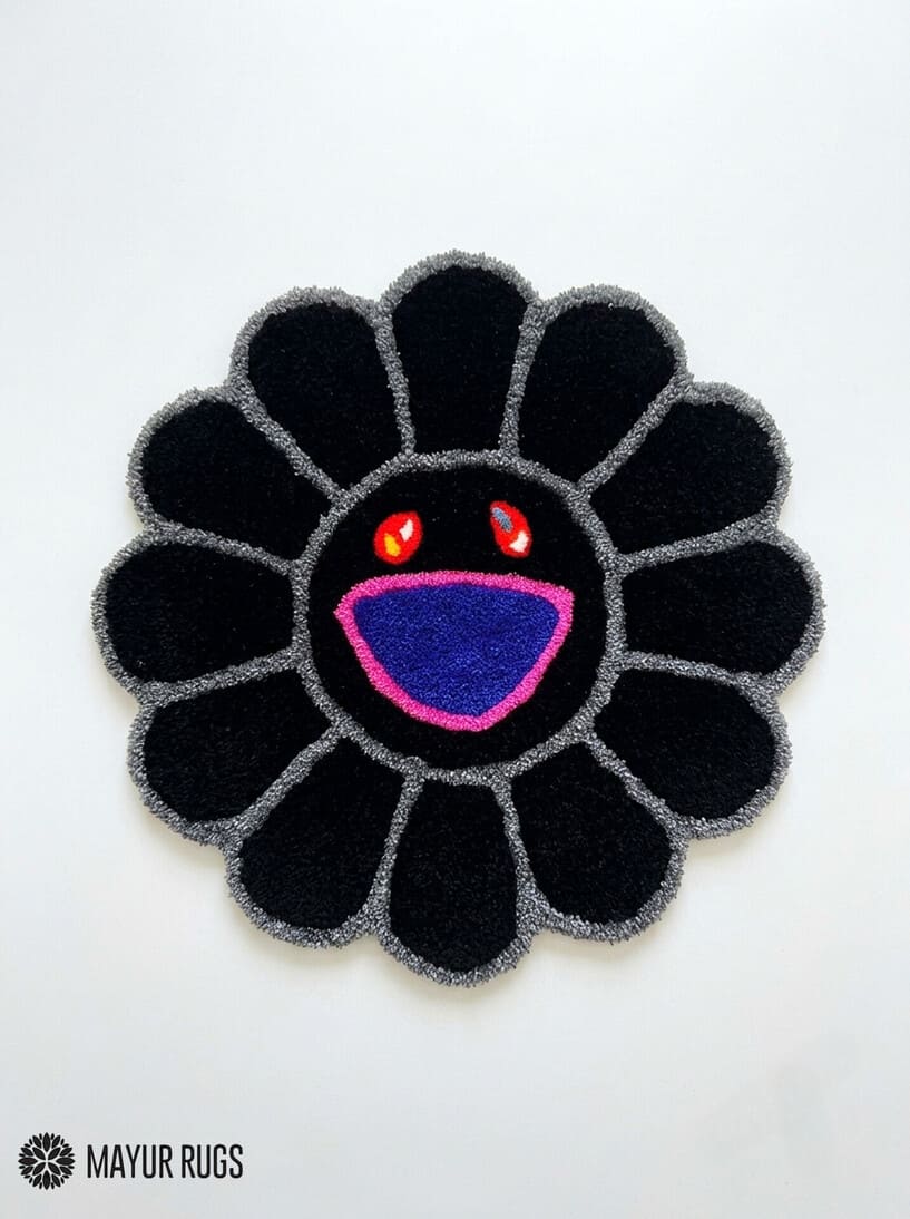 Takashi Murakami flower inspired hand-tufted custom rug handmade in India by Mayur Rugs featuring a smiling flower design crafted from premium New Zealand wool with a dense plush pile.