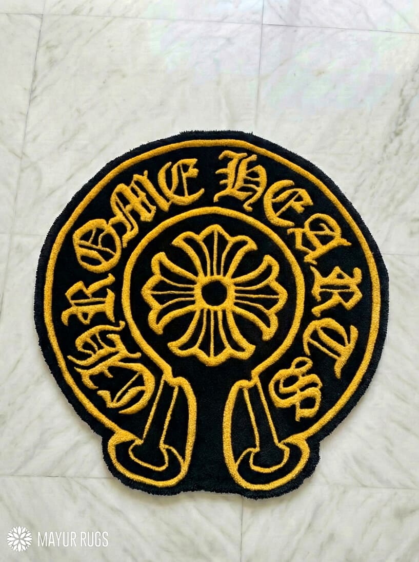 Chrome Hearts inspired hand-tufted wool yellow rug with gothic cross luxury street design, premium custom area rug by Mayur Rugs