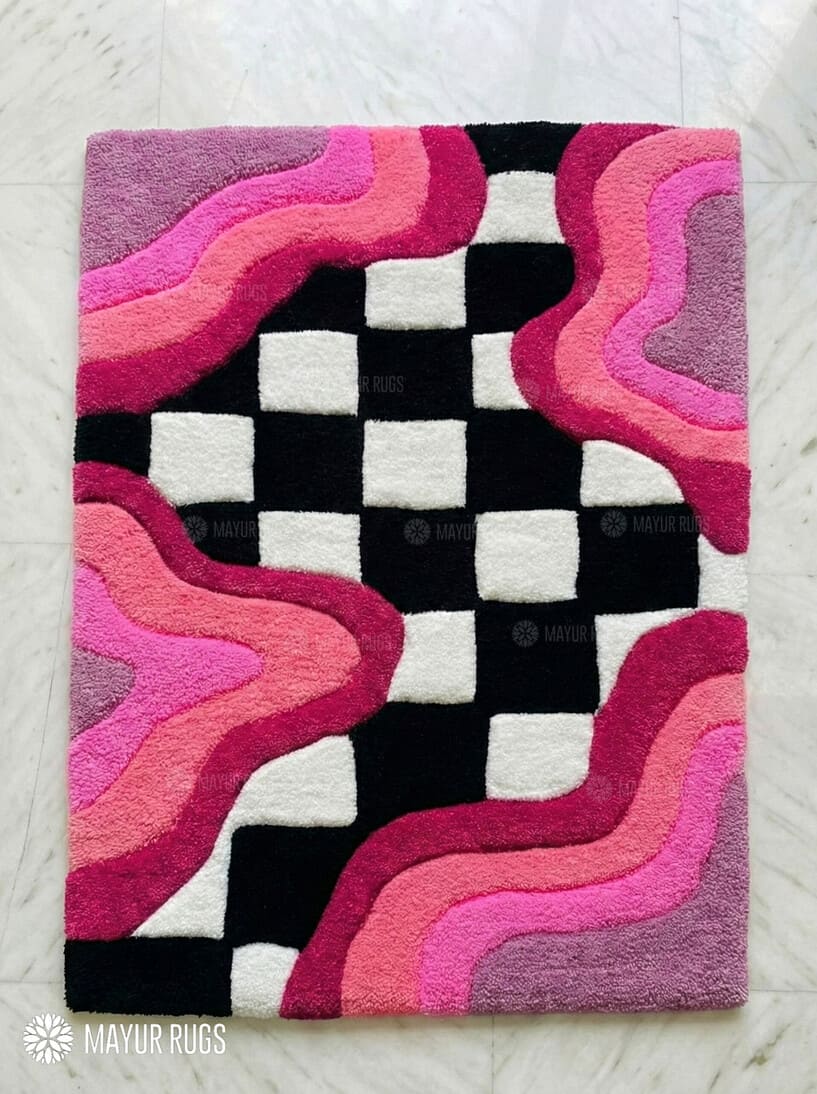 Pink checkerboard handmade wool rug with modern aesthetic design, premium custom area rug by Mayur Rugs