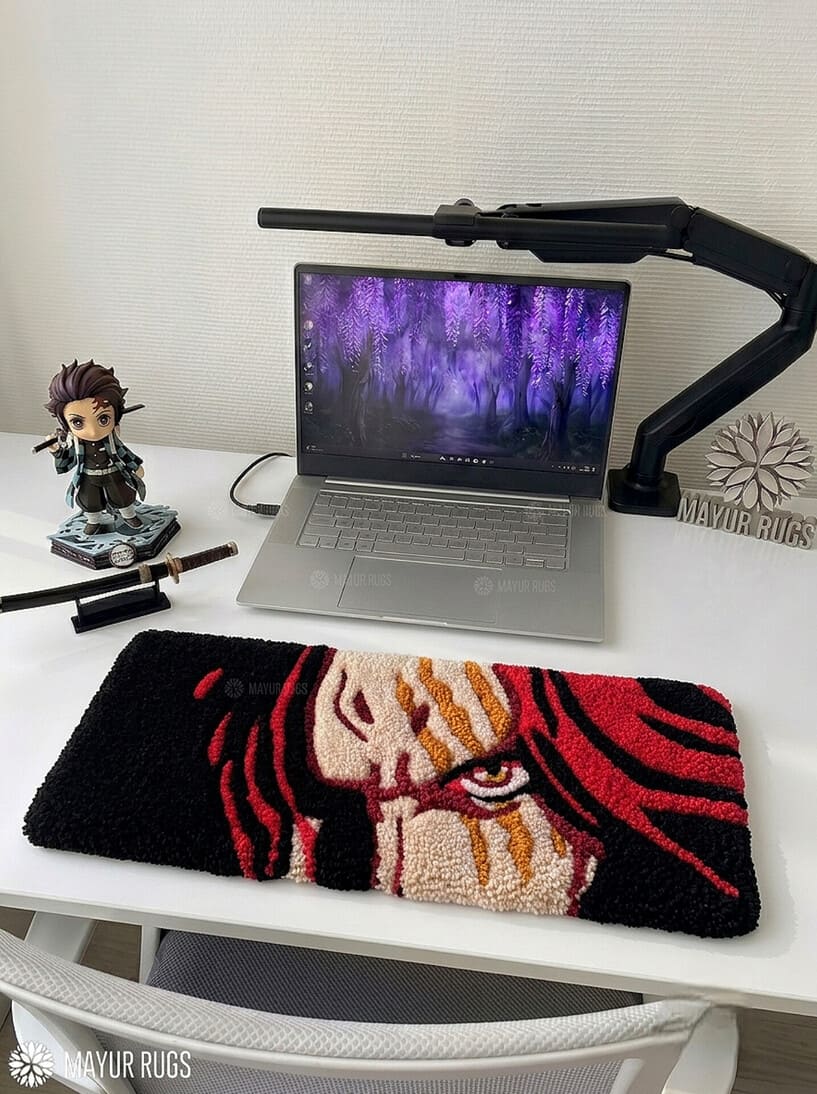 Red-Haired Shanks One Piece hand-tufted keyboard rug featuring Shanks character artwork in red, black, and cream for gaming desk and anime room décor by Mayur Rugs.